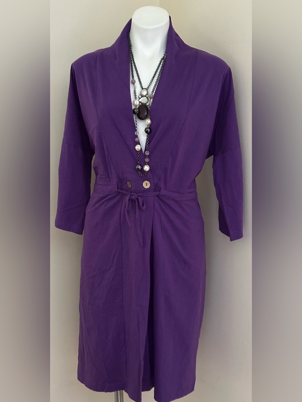 Purple Midi V Neck Dress Elastic Waist Tie Front 2 Buttons 34th Sleeves Sz 2XL